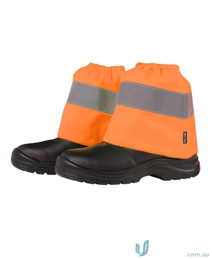 Black work boots with orange reflective spats for safety workwear and uniforms