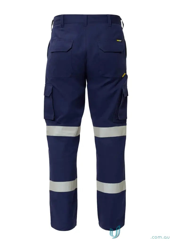 Navy blue work pants with reflective stripes, made of cargo cotton drill for safety