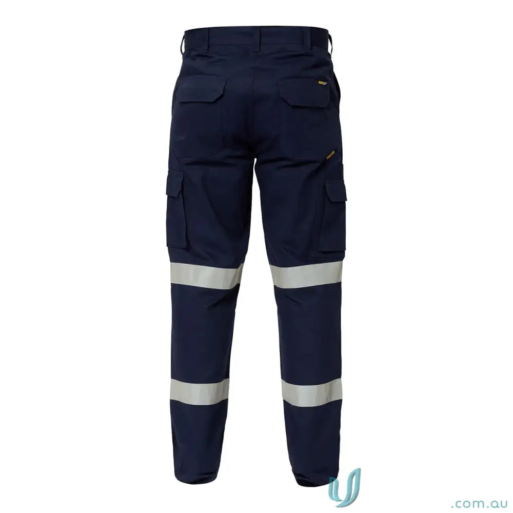 Navy blue reflective mid-weight cargo cotton drill trousers with reflective stripes