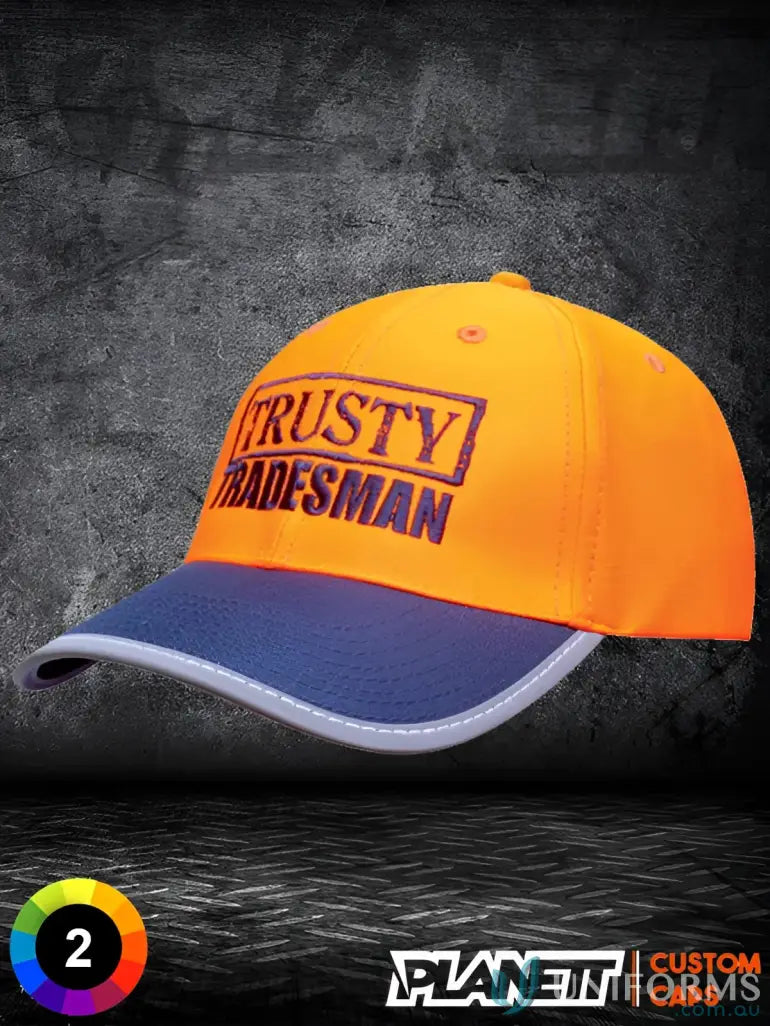 Orange and blue Reflective Trim Safety Cap for workwear and uniforms, FAQ link inside