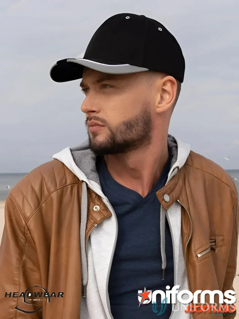 Black and silver baseball cap with reflective trim perfect for uniforms and workwear