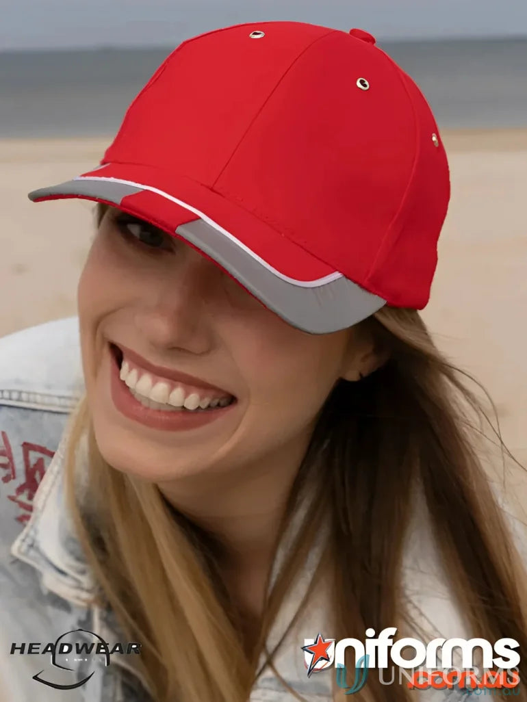 Red baseball cap with reflective trim ideal for uniforms and workwear