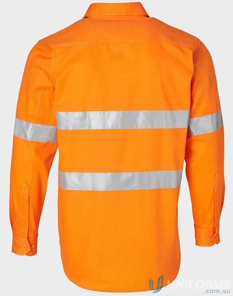 Orange safety shirt with reflective stripes on Regular Weight Taped LS Drill Shirt for drill safety