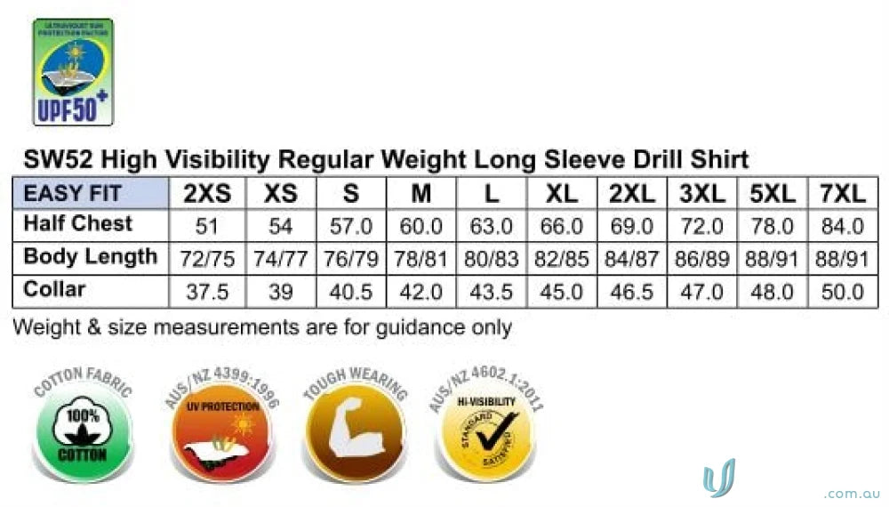 Shirt size chart for Regular Weight Taped LS Drill Shirt with winning spirit aiw cotton drill safety