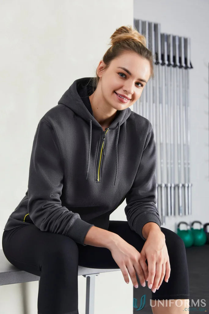 Gray renegade hoodie with black leggings and reflective trims for a sporty look
