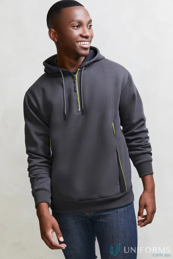 Gray Renegade Hoodie with yellow accents and reflective trims for style and comfort