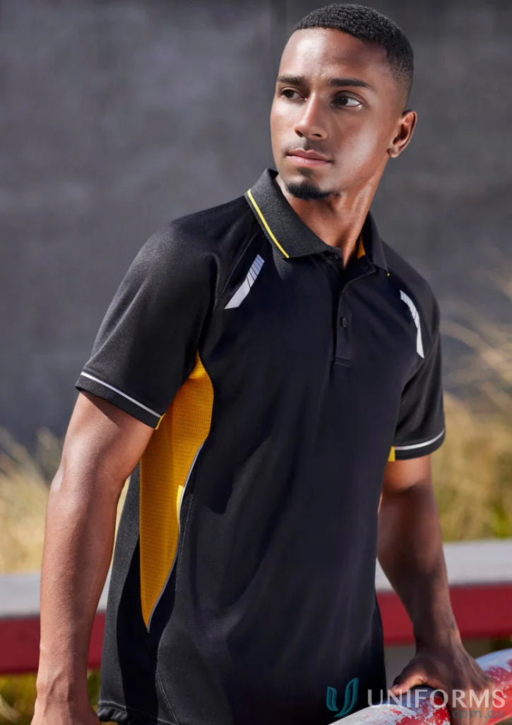 Men’s Renegade Polo in black and gold from Biz Collection with UPF rating