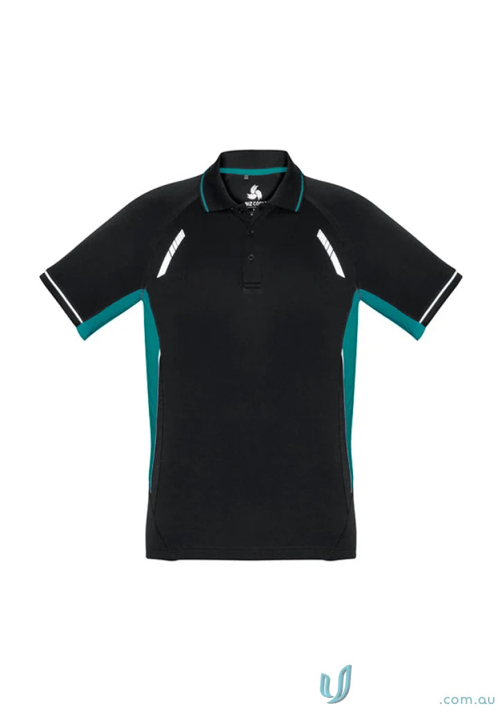 Black and teal men’s Renegade Polo from Biz Collection with UPF rating