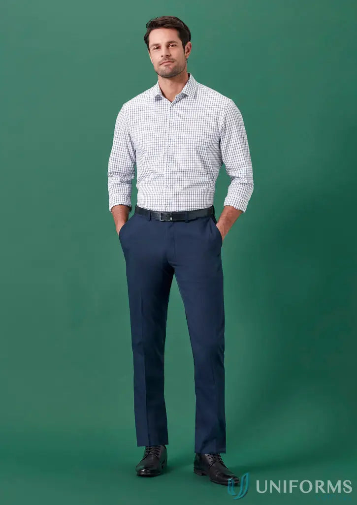 Man wearing Renew Adjustable Waist Straight Leg Pant in plaid shirt and dark trousers