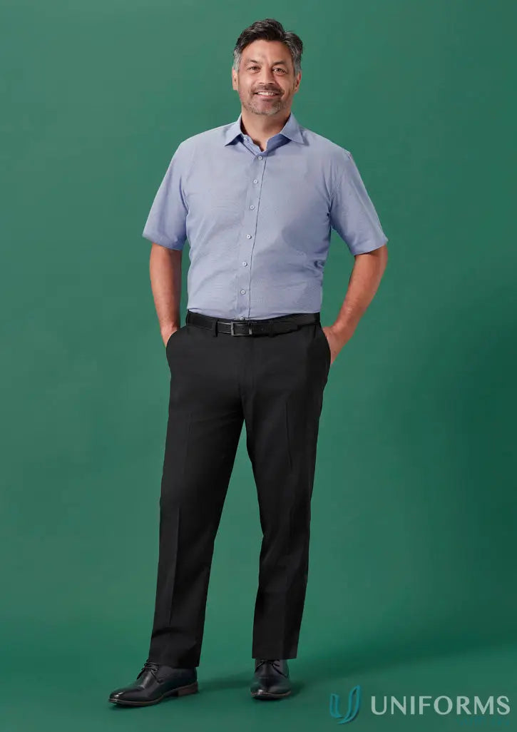 Man wearing Renew Adjustable Waist Straight Leg Pant in black dress shirt and shoes