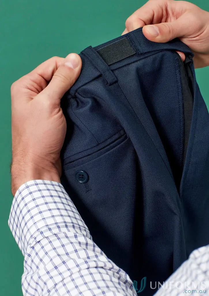 Navy blue Renew Adjustable Waist Straight Leg Pant with belt loops and back button pocket