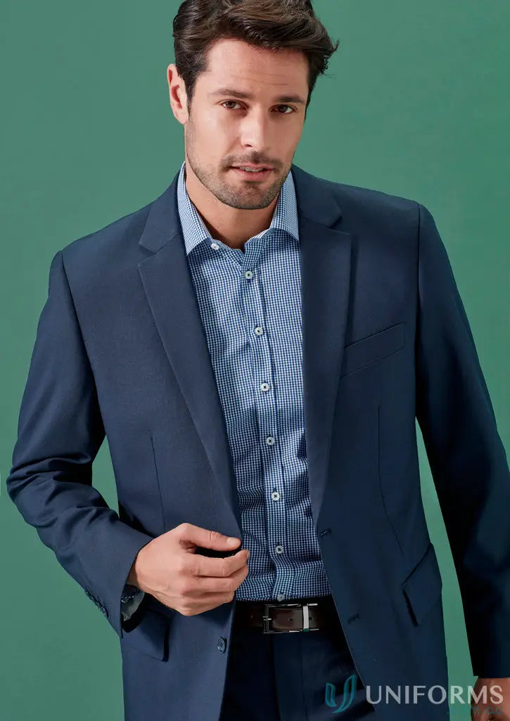 Man in navy Renew City Fit Jacket with recycled polyester, perfect for hospitality teams