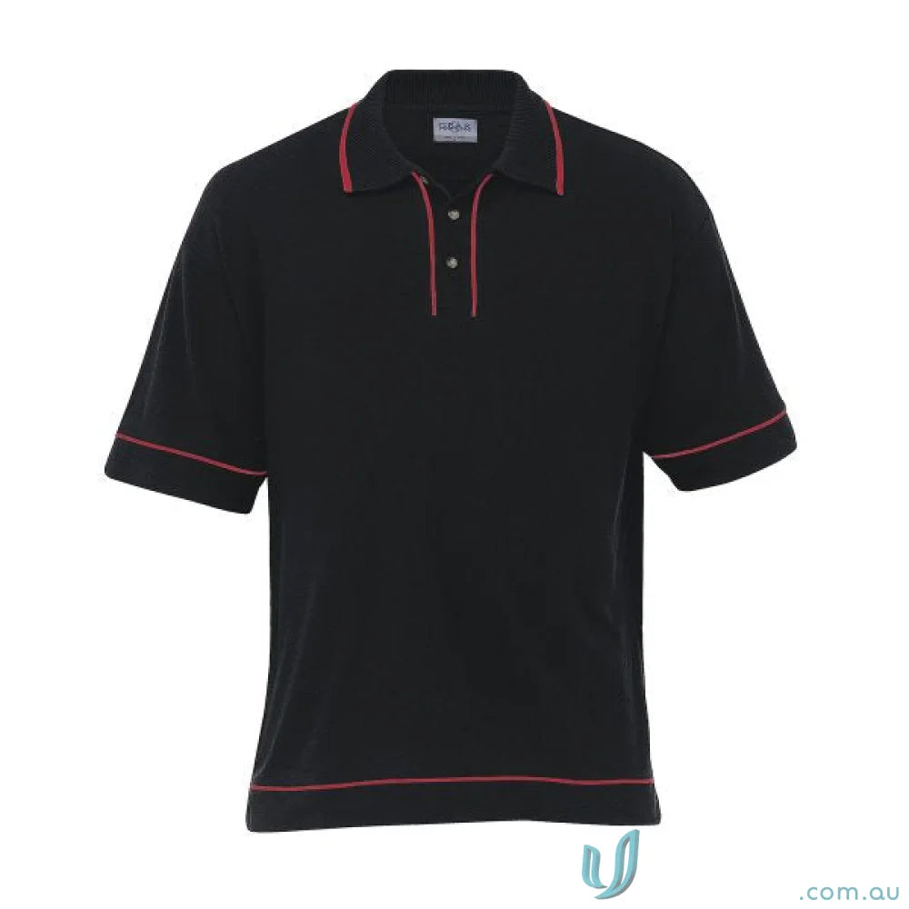 Black polo shirt with red contrast piping from Retro Waffle Polo, perfect workwear or uniforms