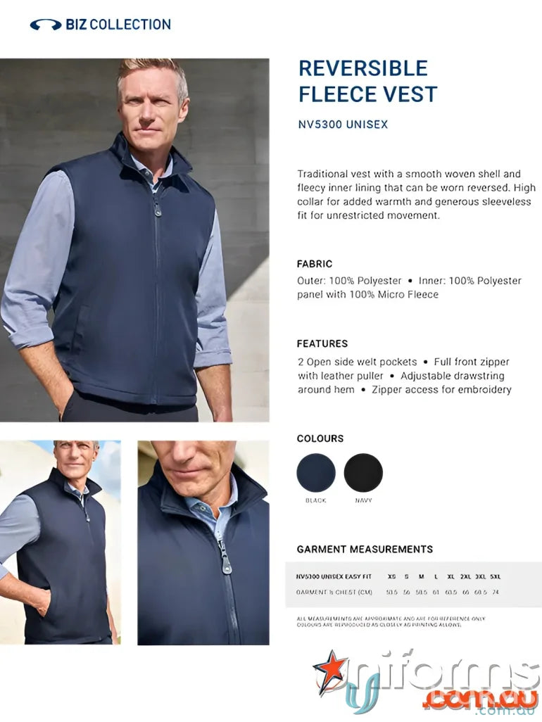 Reversible unisex fleece vest Biz Collection Reversible Vest NV5300 for all seasons