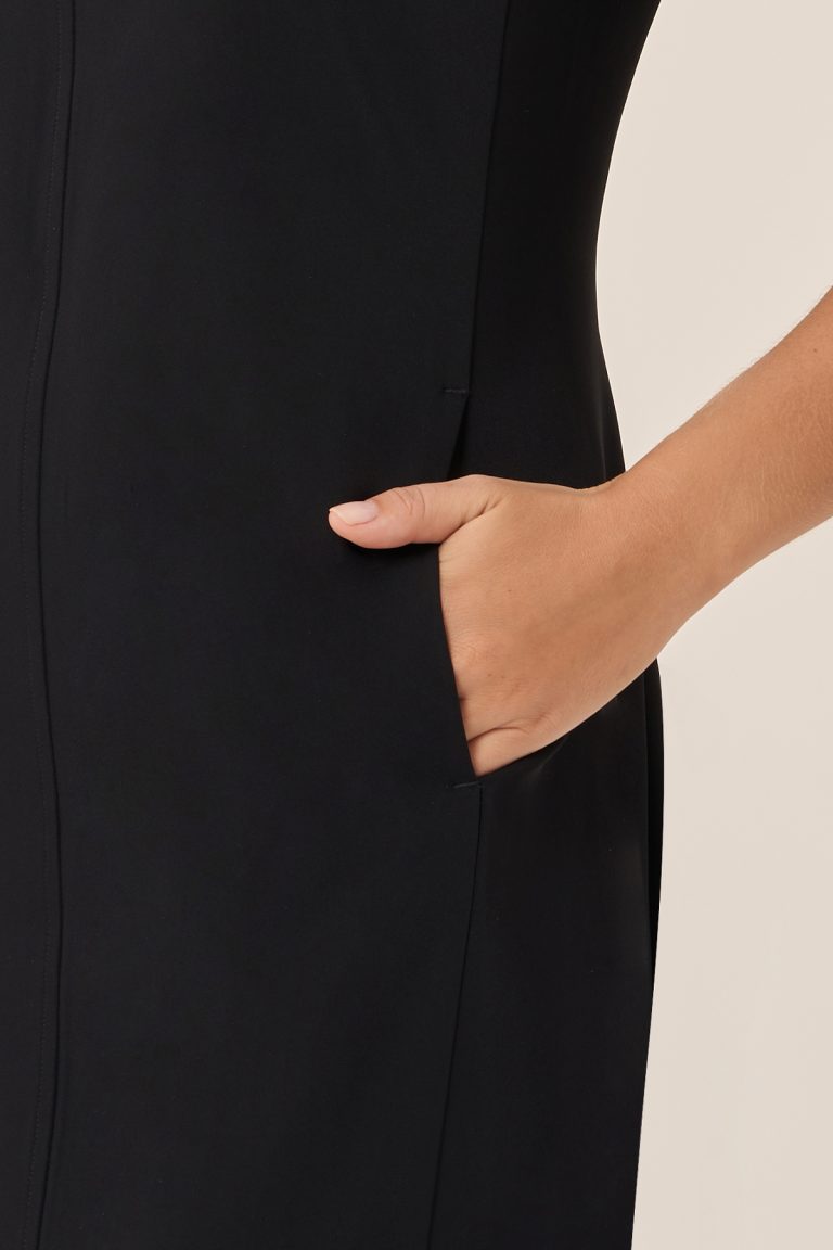 Sleek black sleeveless Riley dress FDR461 with side pockets