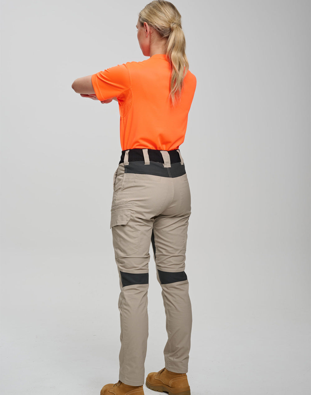 Khaki ripstop stretch work pants with reflective stripes and multiple load-bearing pockets