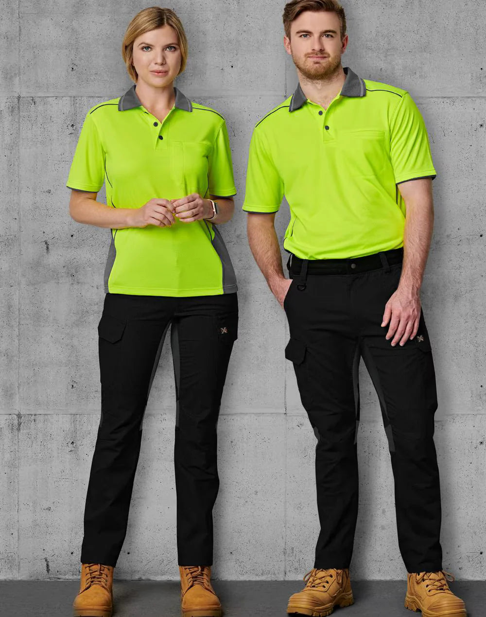 Bright neon green unisex ripstop stretch work pants with pockets