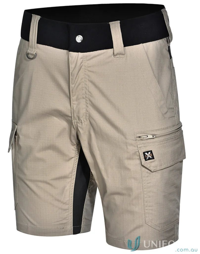 Men’s beige ripstop stretch work shorts with black waistband and side panels