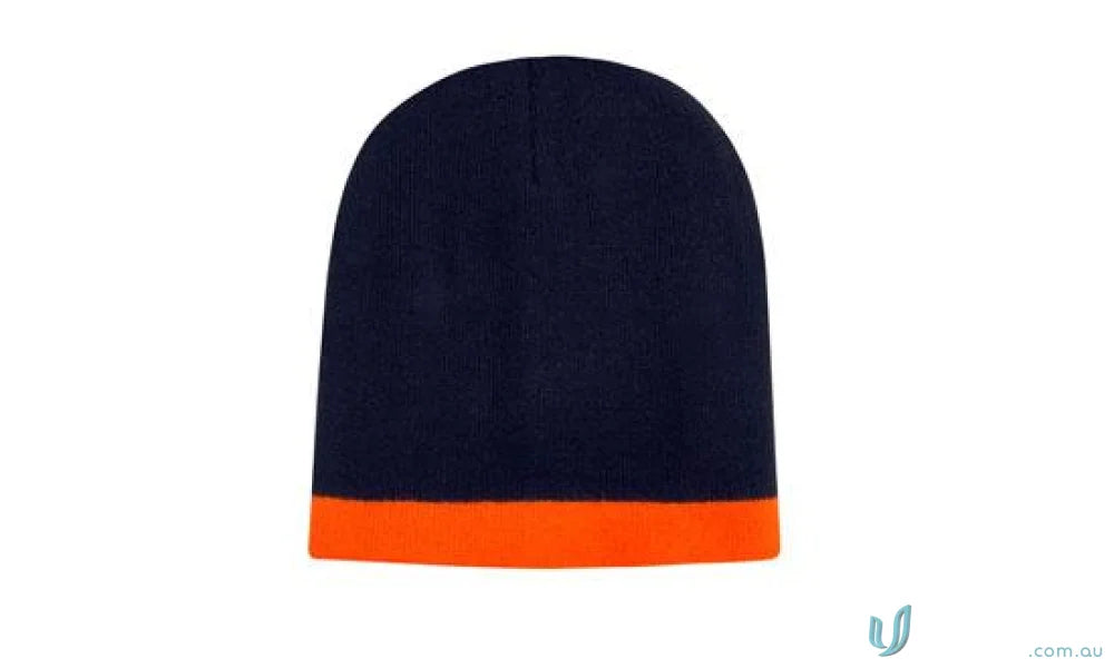 Navy and orange two tone acrylic beanie, perfect roll down acrylic beanie style