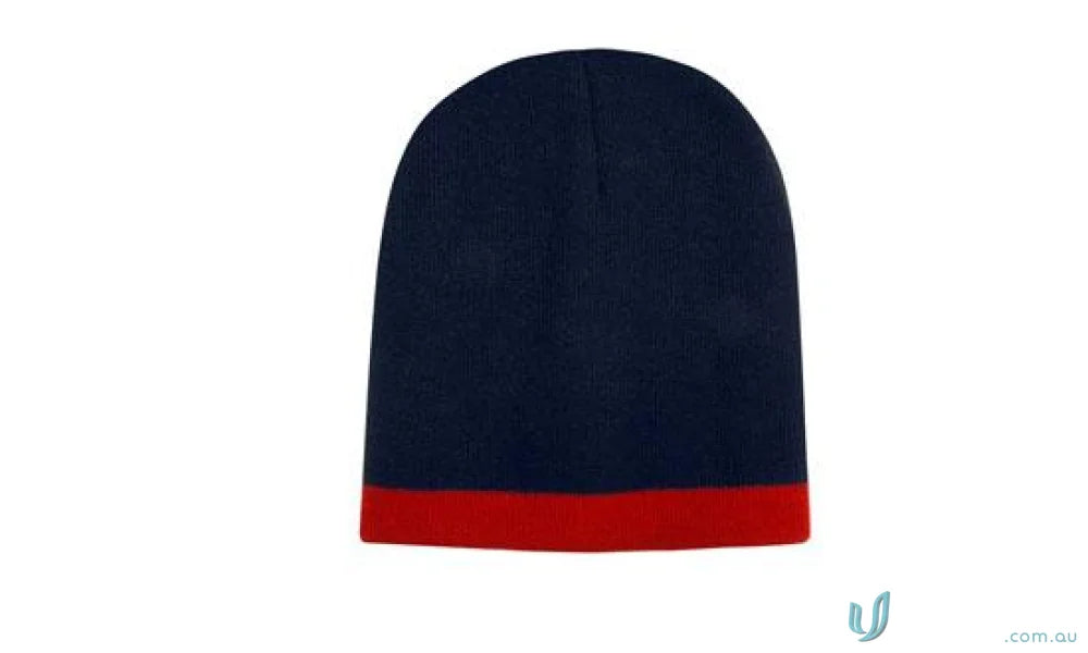 Navy and red two tone acrylic beanie for a stylish roll down toque look