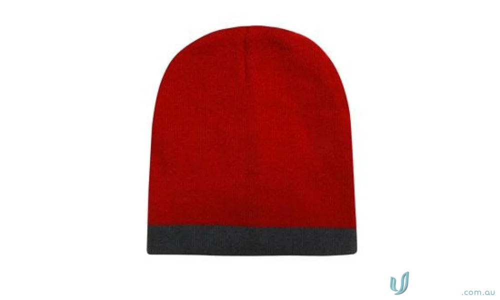 Red and gray two tone acrylic beanie displayed on a Roll Down Two Tone Acrylic Beanie- Toque