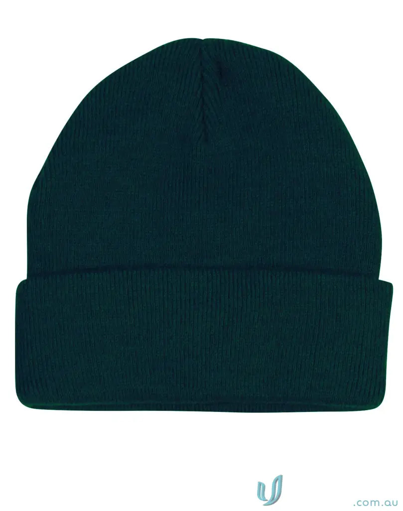 Dark green knit beanie from ch28 Roll-Up Acrylic Beanie collection showing winning spirit roll