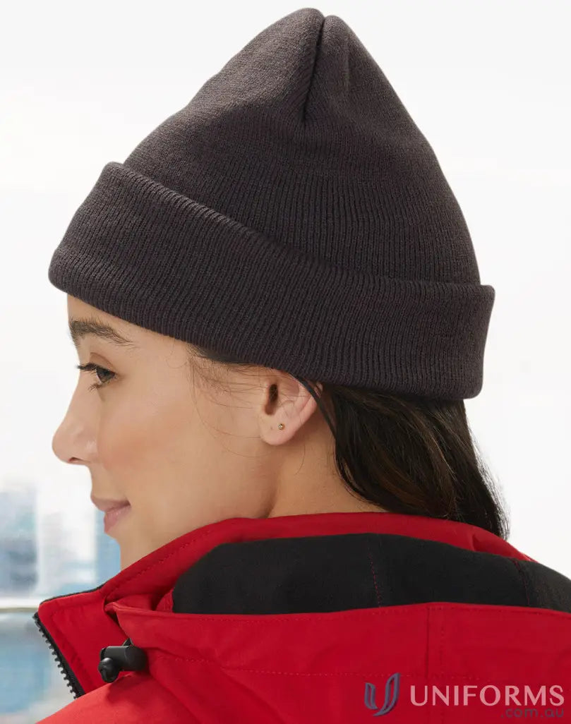 Dark gray knit beanie from ch28 Roll-Up Acrylic Beanie collection for a winning spirit roll vibe