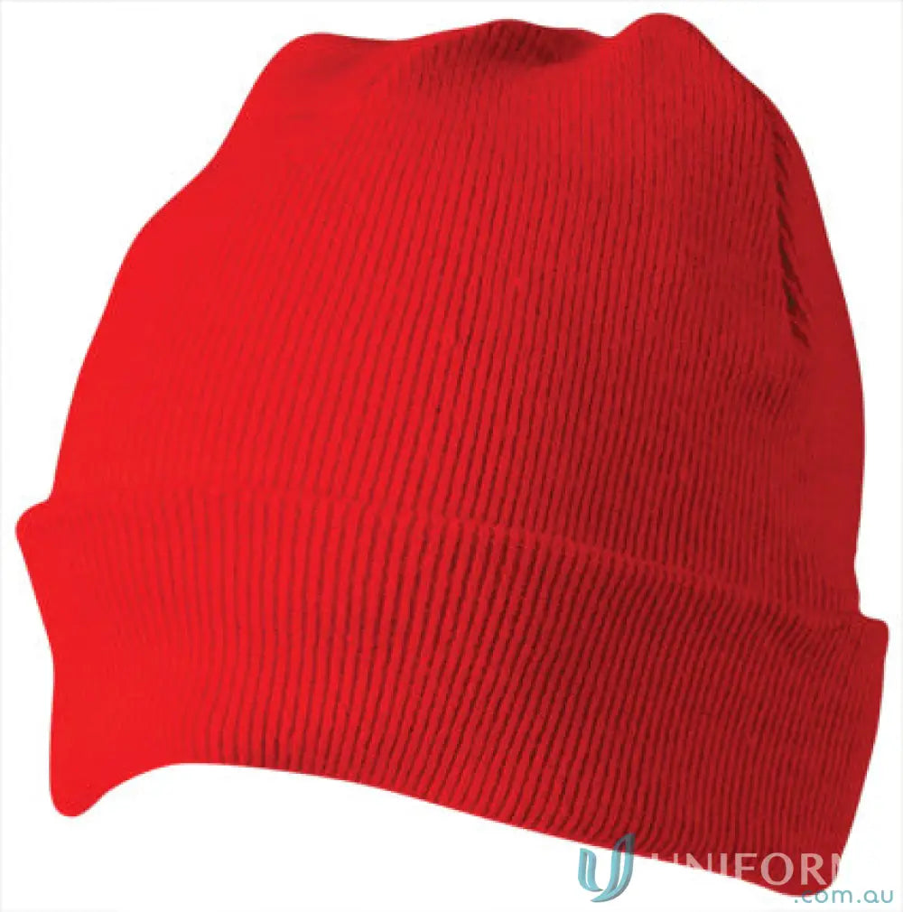 Red knitted acrylic beanie from Winning Spirit Roll Up Beanie collection, ch28 roll-up style