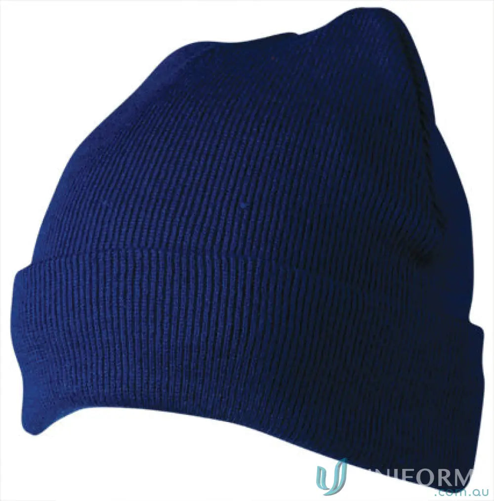 Navy blue knit acrylic beanie from ch28 Roll-Up collection with winning spirit roll
