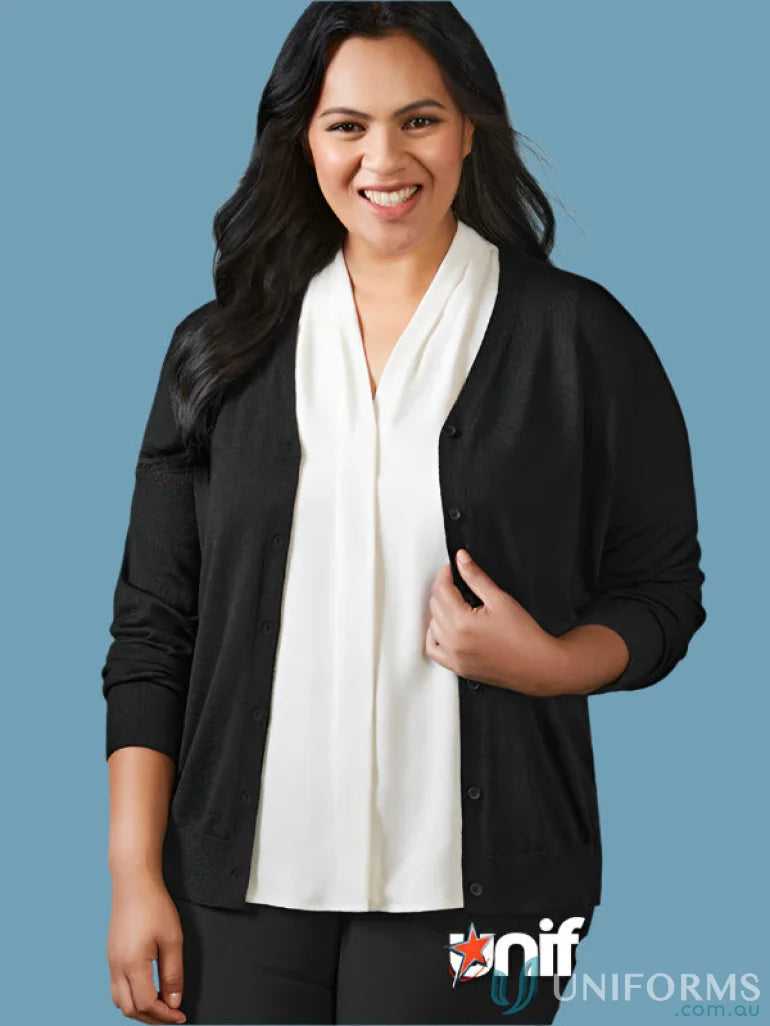 Roma Ladies Knit Cardigan styled with a white blouse perfect for biz collection roma casual look