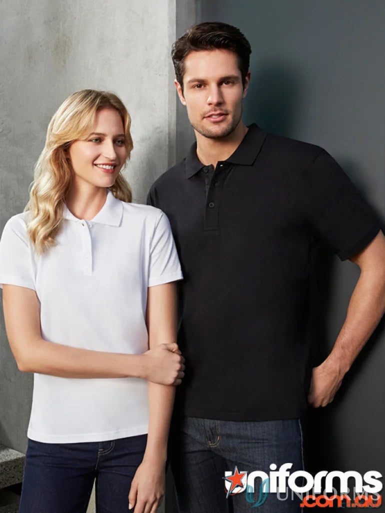 Two people wearing RS Centre EMB Cotton Polo shirts, perfect work uniforms with taped shoulders