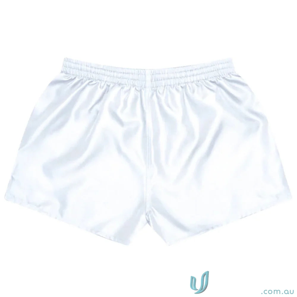 White satin rugby shorts for kids, perfect for uniforms and sporty workwearisting