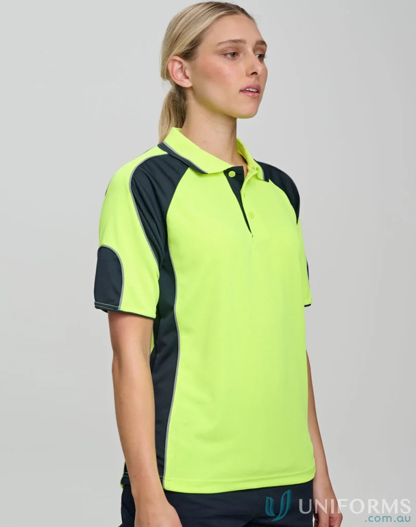 Women’s neon yellow and dark gray Safety Polo with Underarms Mesh, SW61 high-vis polo