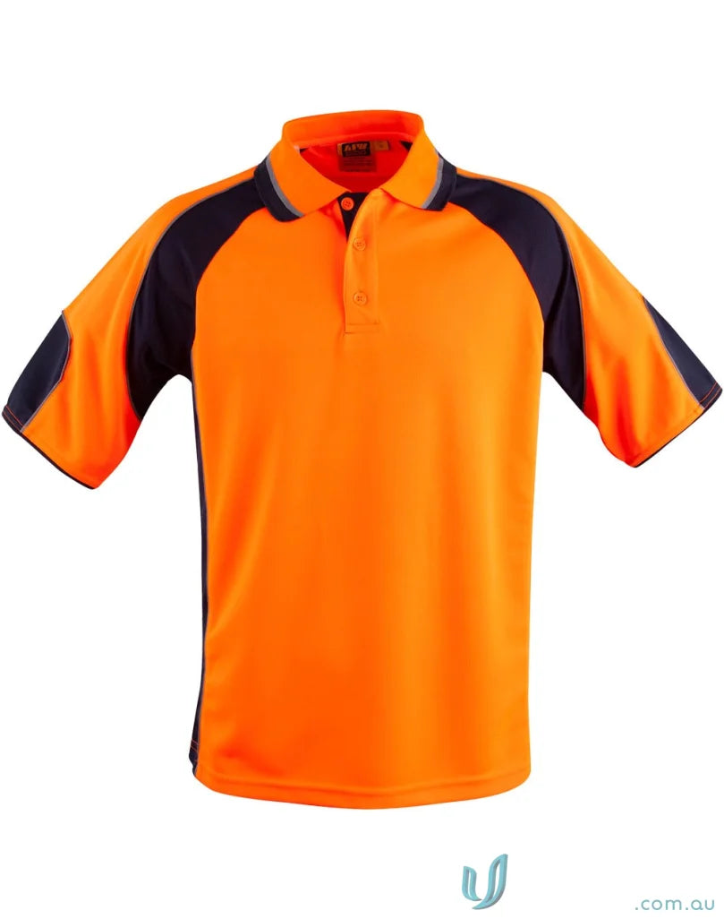 Orange and navy blue Safety Polo with Underarms Mesh, SW61 high-vis polo, mini waffle fabric