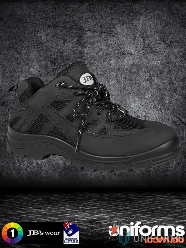 Black safety sports shoe with reflective laces mesh panels and durable sole for workwear