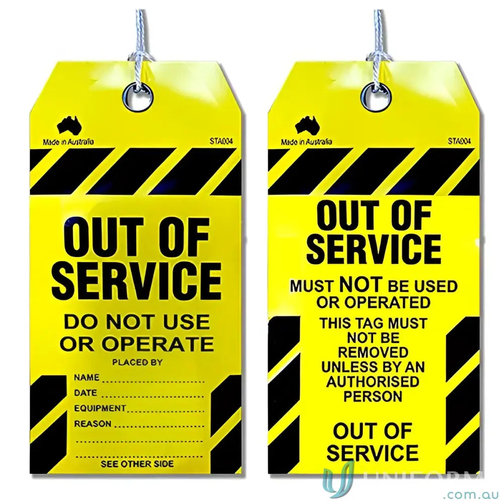 Yellow Out of Service safety tag for work uniforms to alert and prevent accidents