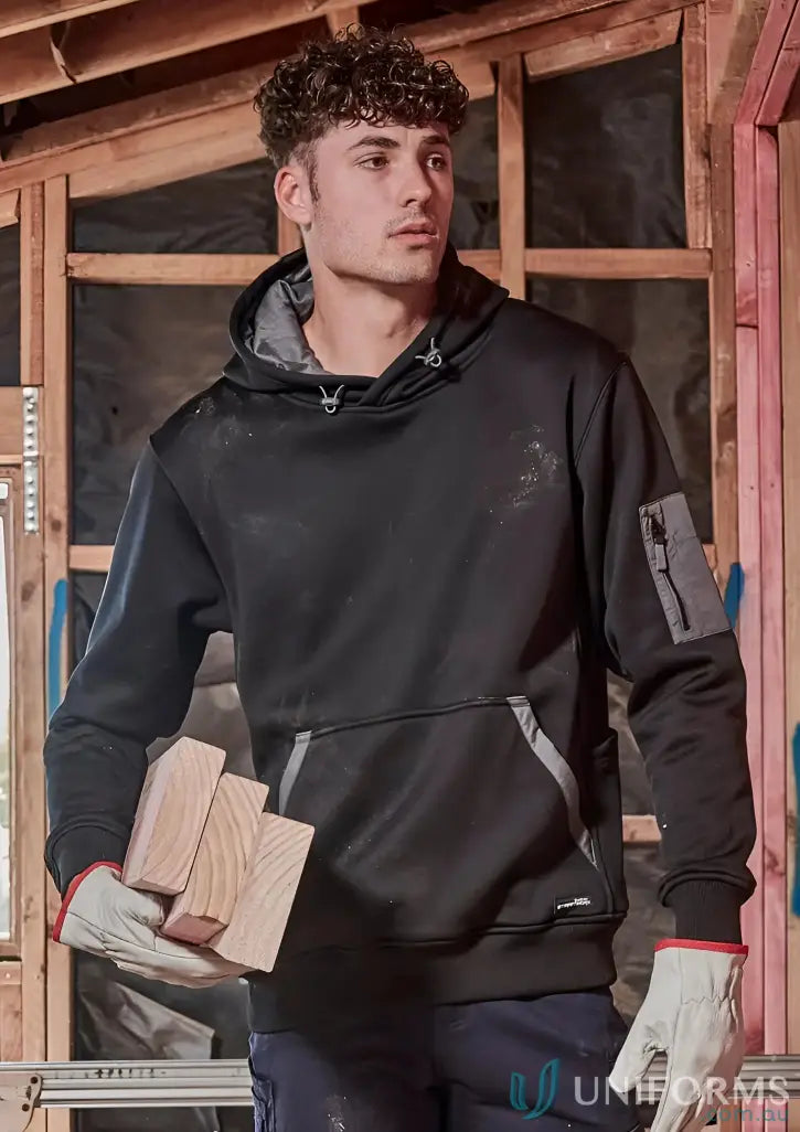 Black water resistant hoodie with gray accents and zippered arm pocket, rain warm soft fleece