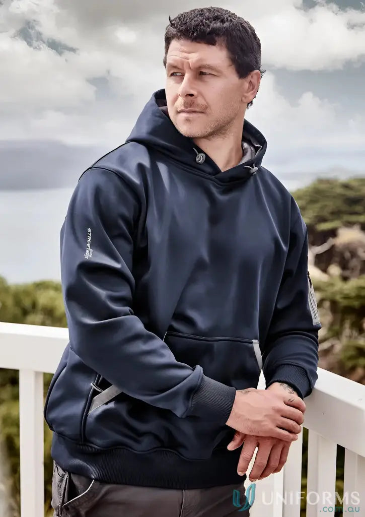 Man in navy water resistant hoodie with rain warm soft fleece and front pouch pocket
