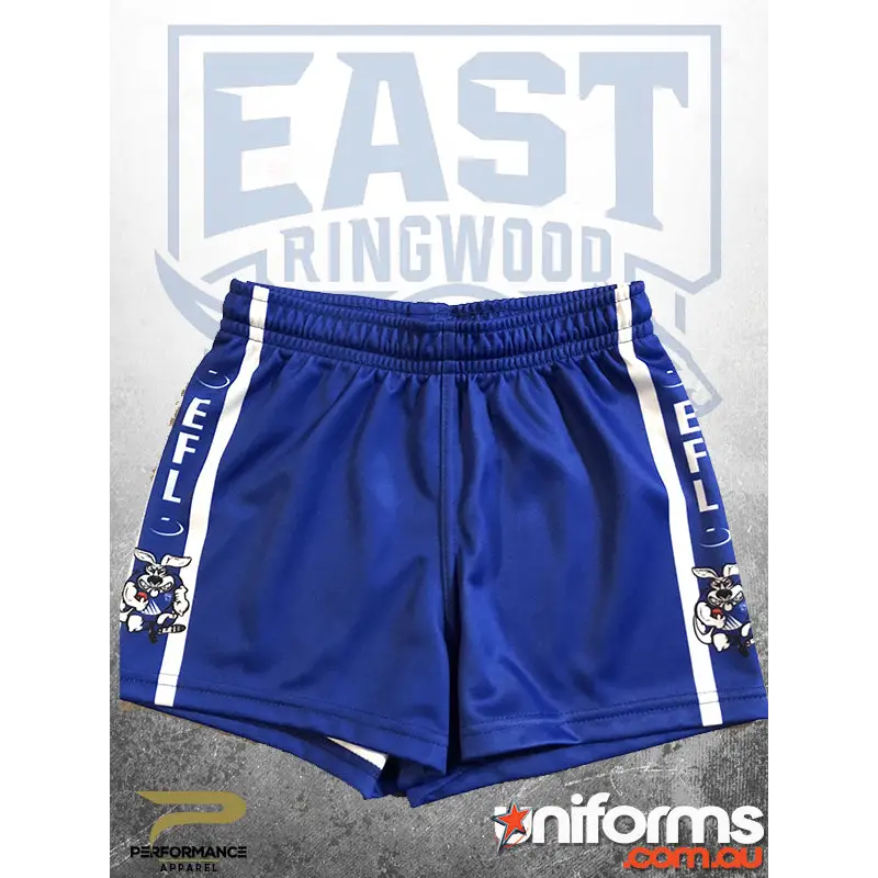 Royal blue ERJFC unisex playing shorts with white stripes, wolf graphic, Croydon South club stock, $30 sale