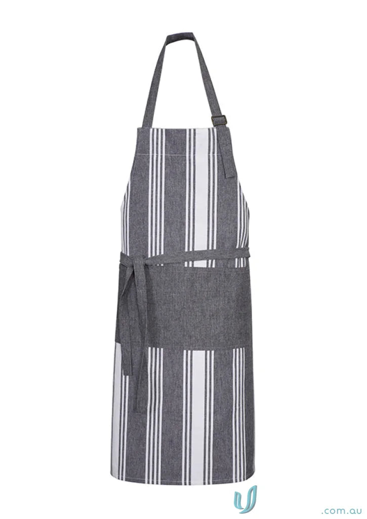 Gray and white striped salt bib apron with adjustable D-ring neck and pepper chambray stripes