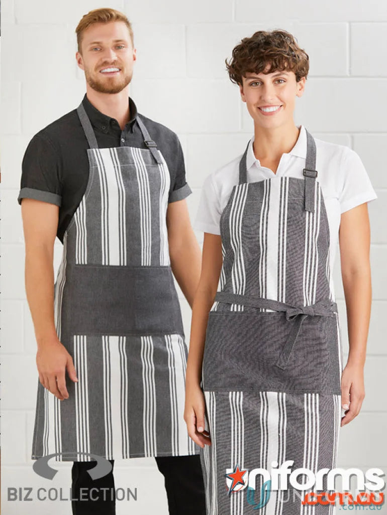 Salt Bib Apron with pepper chambray stripes and adjustable D-ring neck