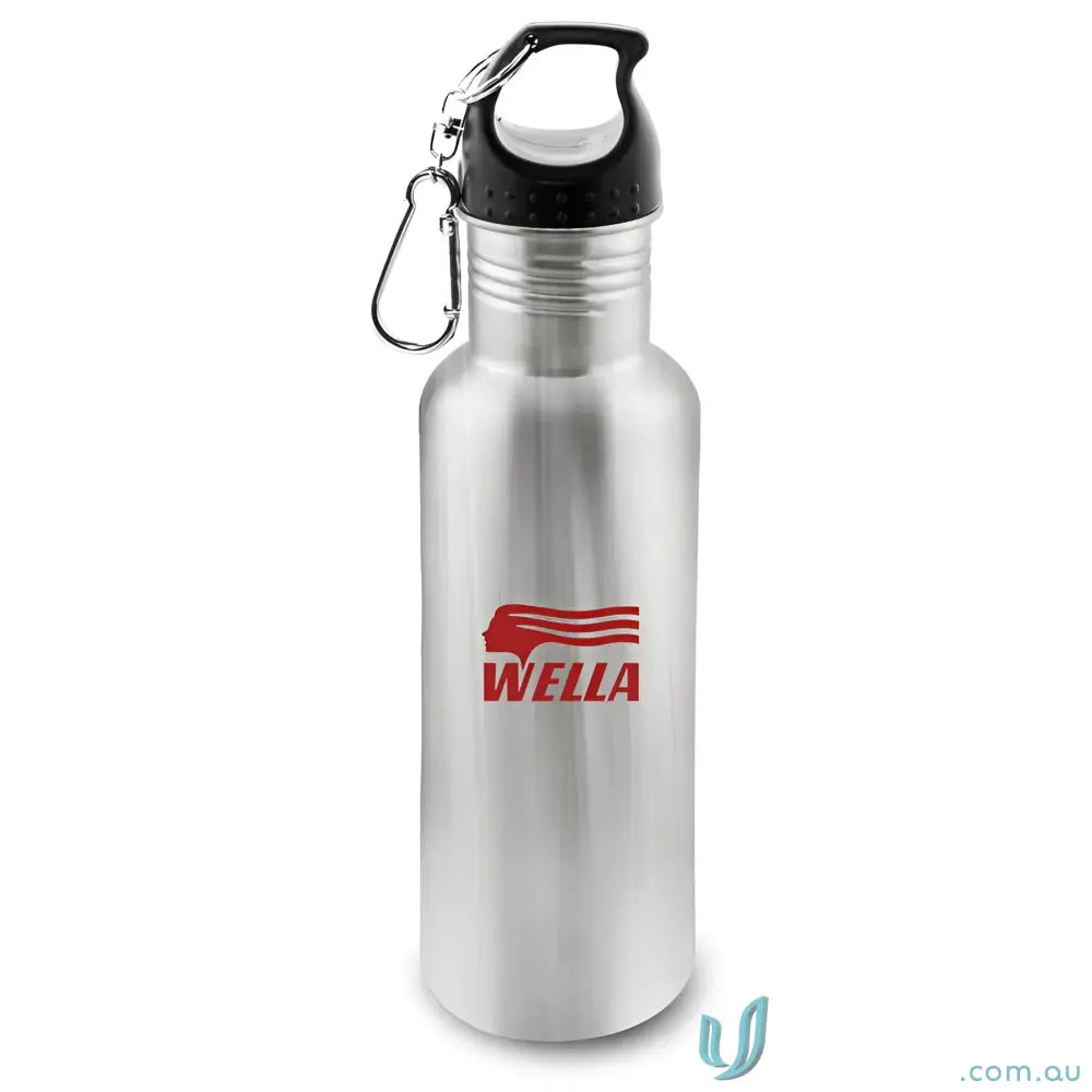 Silver stainless steel San Carlos water bottle with black cap and carabiner handle