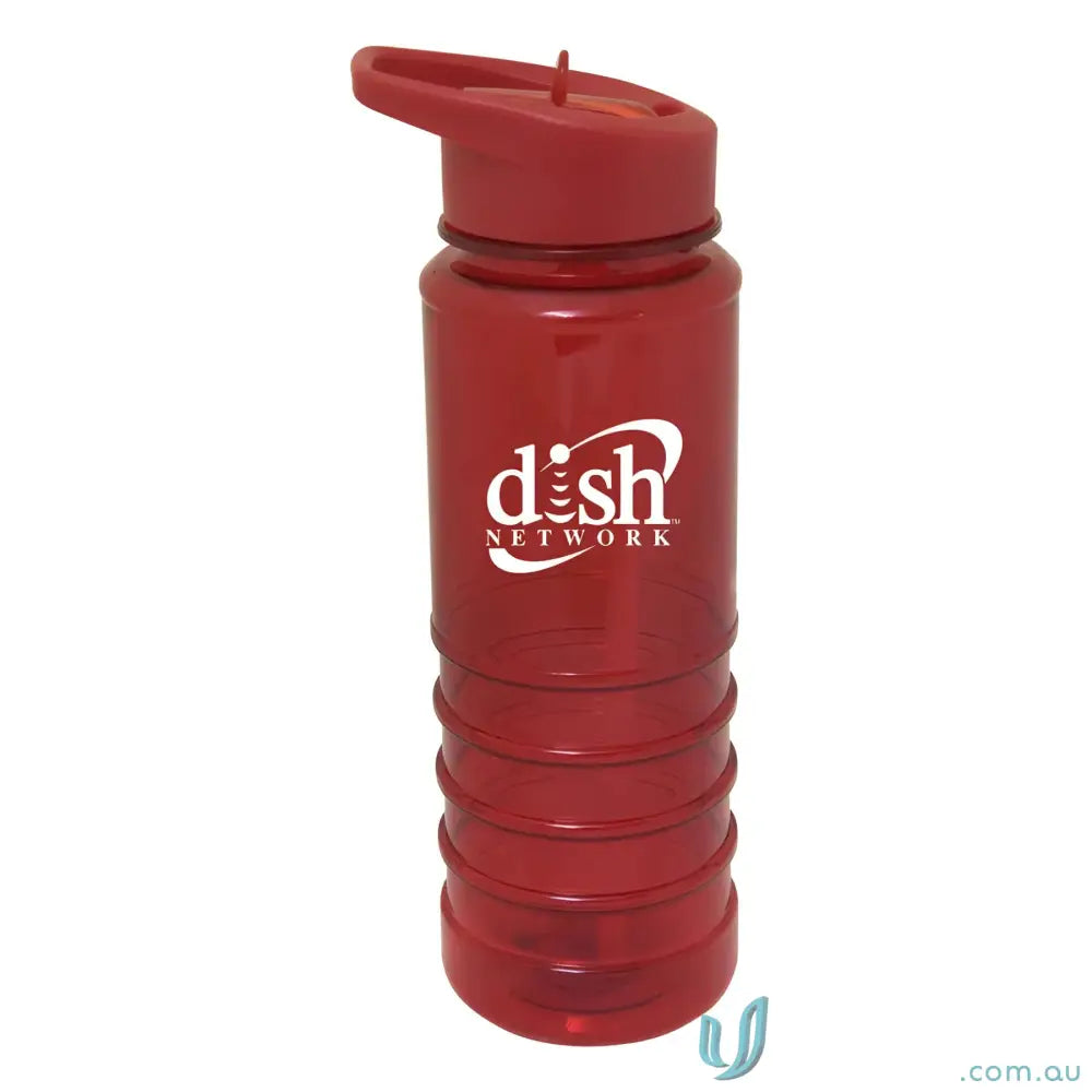 Red San Clemente 740ml Tritan water bottle with Dish Network logo and built-in straw