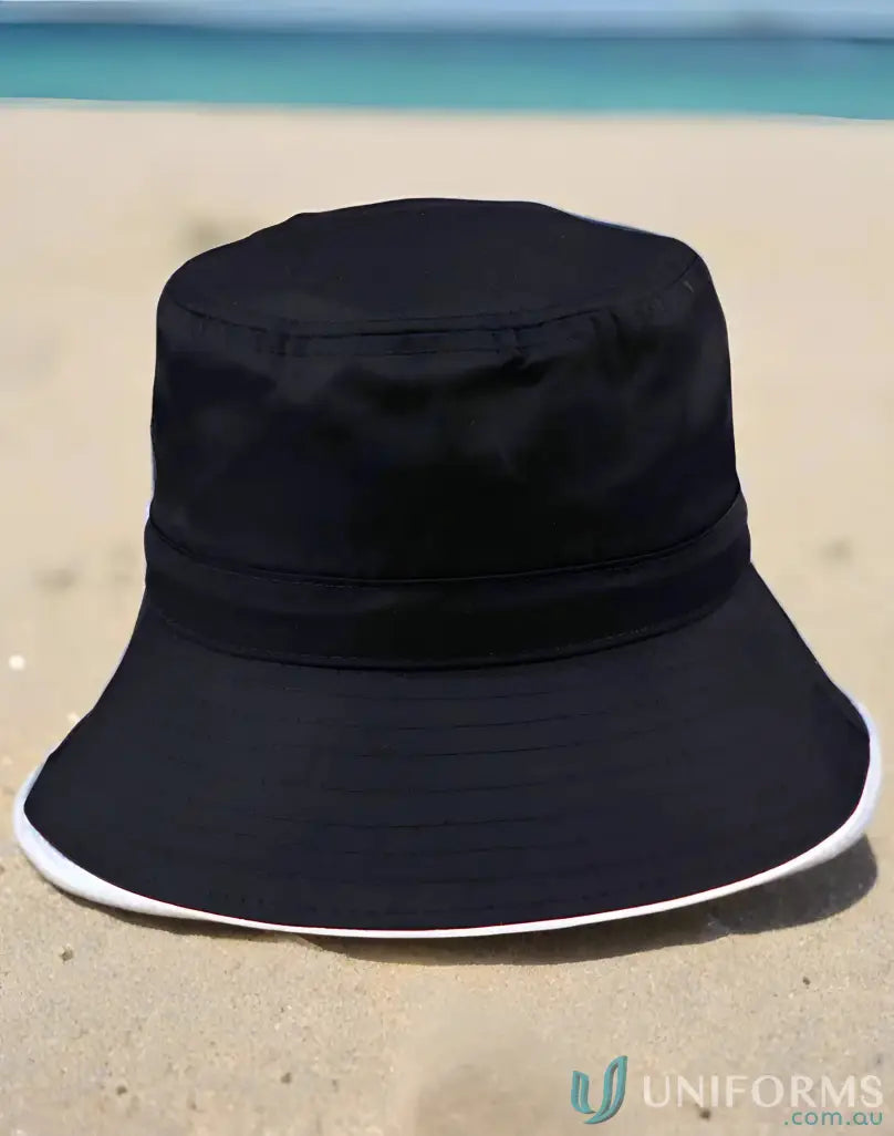 Black sun hat with white trim from H1033 Sandwich Bucket for winning spirit and sun protection