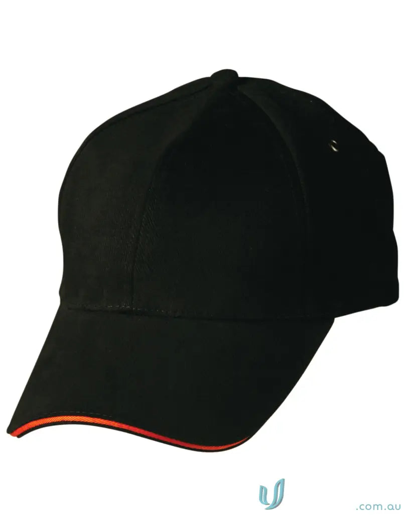 Black Sandwich Peak Cap with orange trim and tuck-in fabric strap for a winning spirit