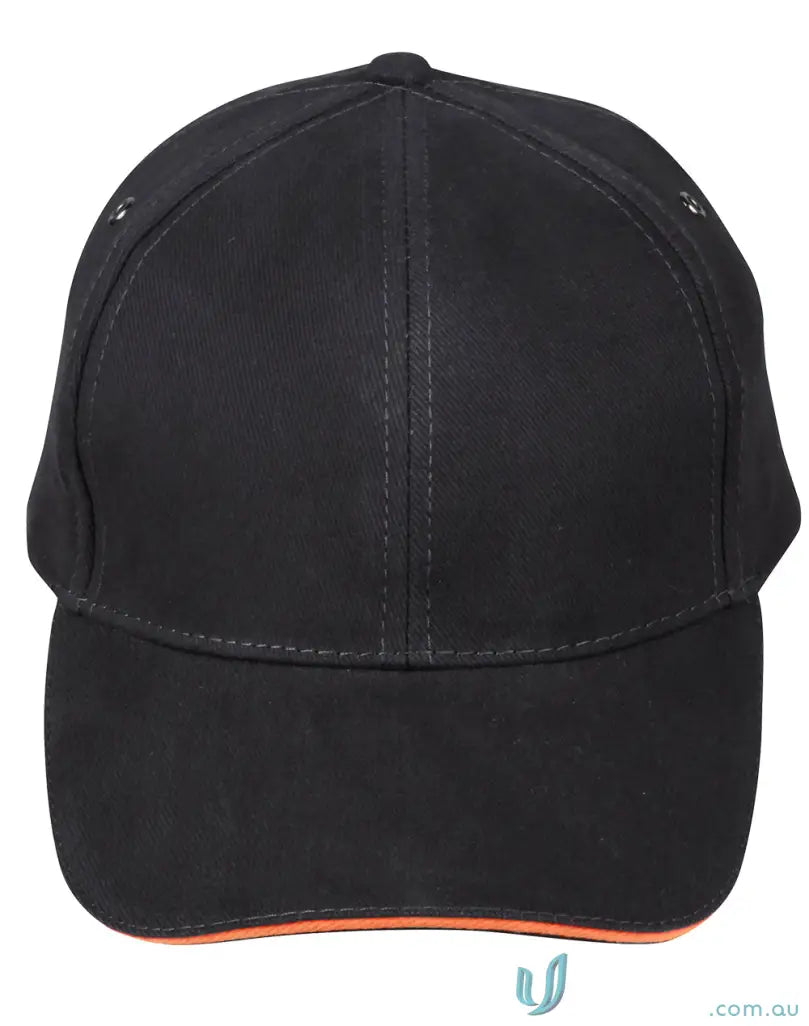 Black Sandwich Peak Cap with orange trim and tuck-in fabric strap for a winning spirit