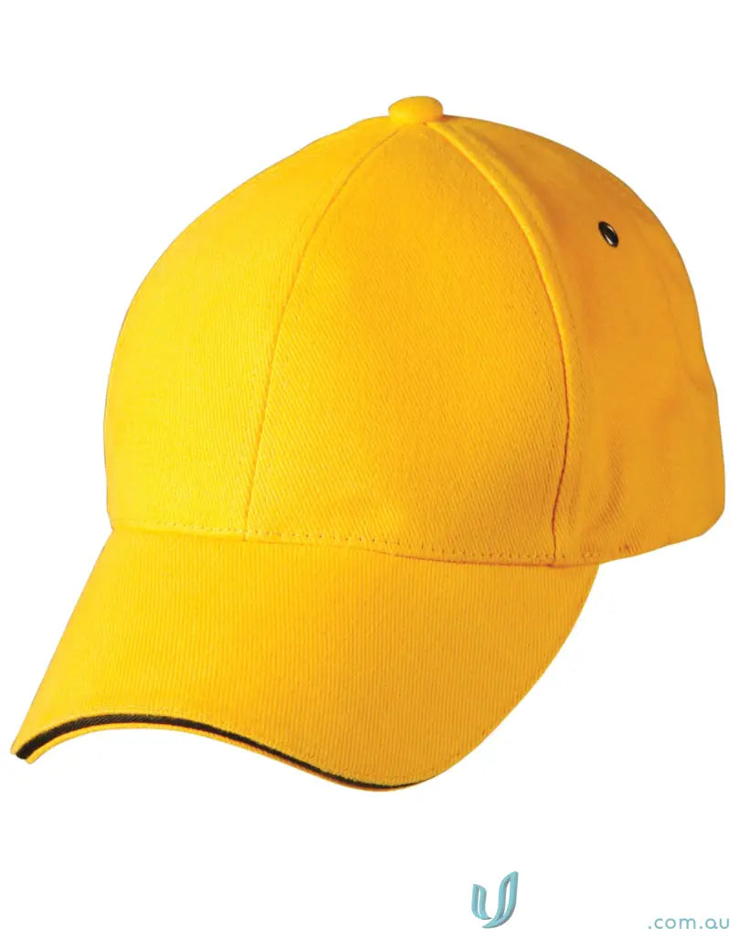 Yellow Sandwich Peak Cap with tuck-in fabric strap, perfect for a winning spirit sandwich