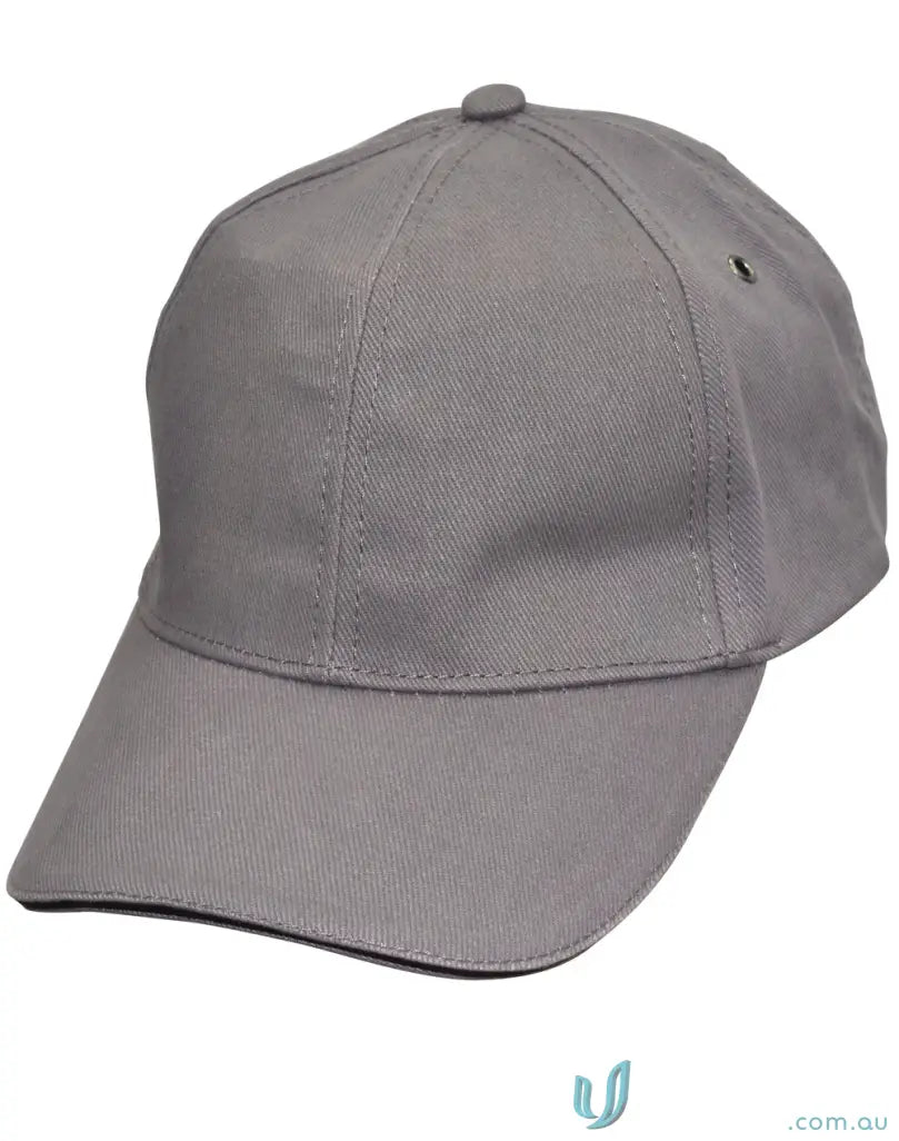 Gray Sandwich Peak Cap with tuck-in fabric strap showing winning spirit Sandwich style