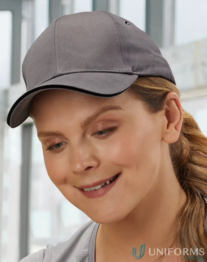 Gray Winning Spirit Sandwich Peak Cap with black trim and tuck-in fabric strap