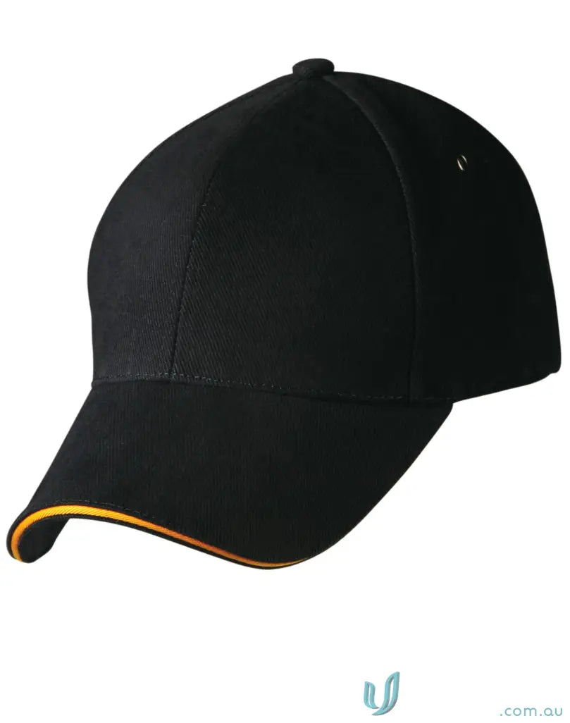 Black Sandwich Peak Cap with gold trim and tuck-in fabric strap for a winning spirit